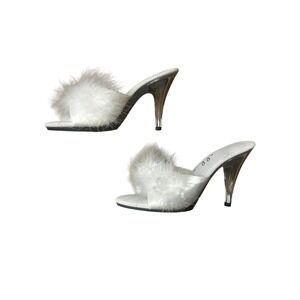 Ellie White Furry Feather Stiletto Kitten Heels Mules Slides Women's Size 8